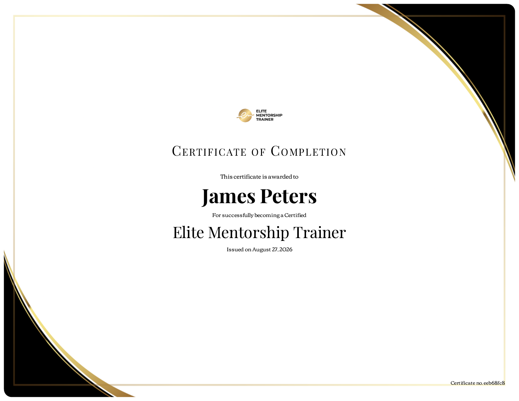 Certificate of completion — James Peters, Certified Elite Mentorship Trainer